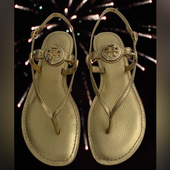 TORY BURCH GOLD NEW THONG FLAT SHOES LEATHER 8.5 - Picture 3 of 11